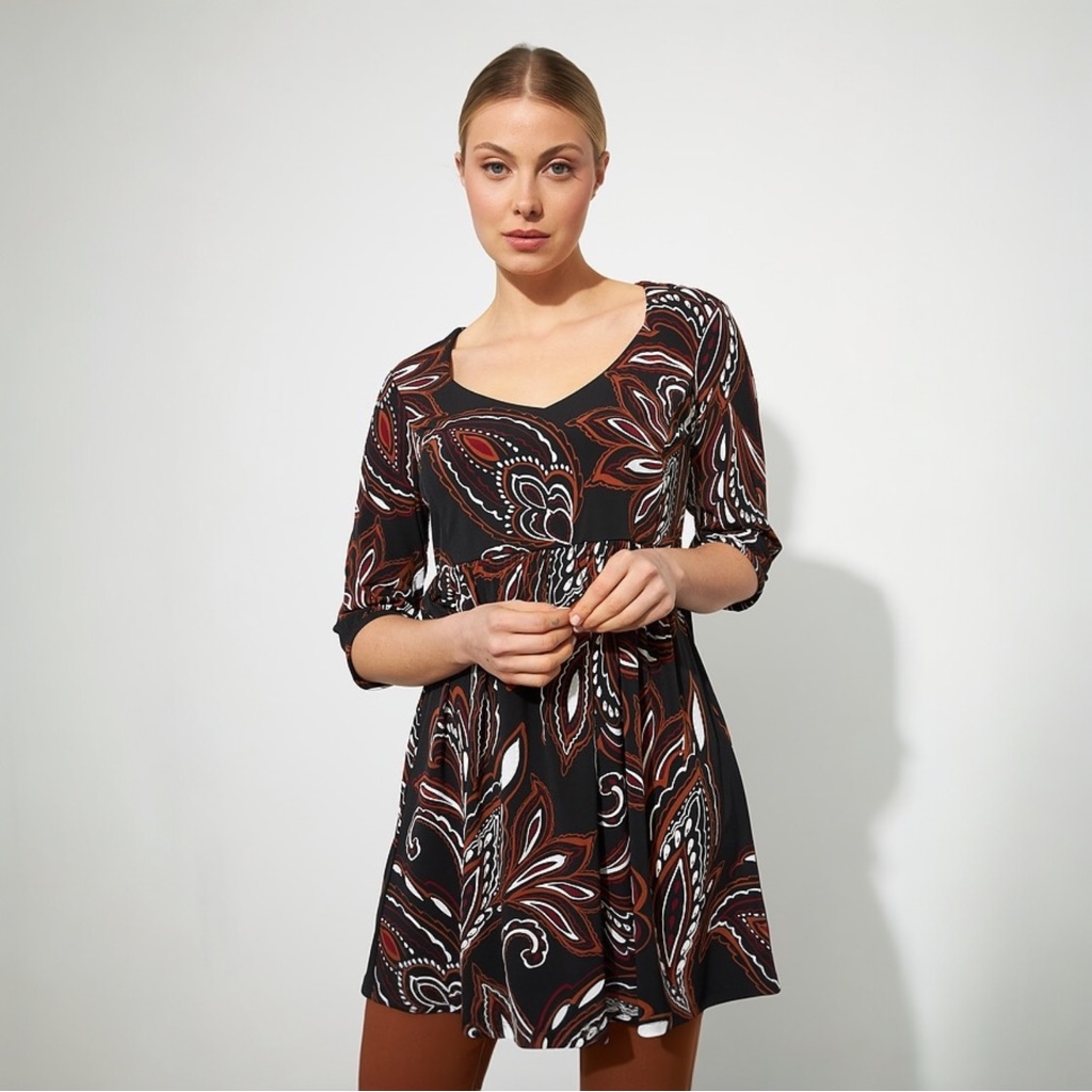 Joseph Ribkoff Black Tunic With Brown And White Paisley Print